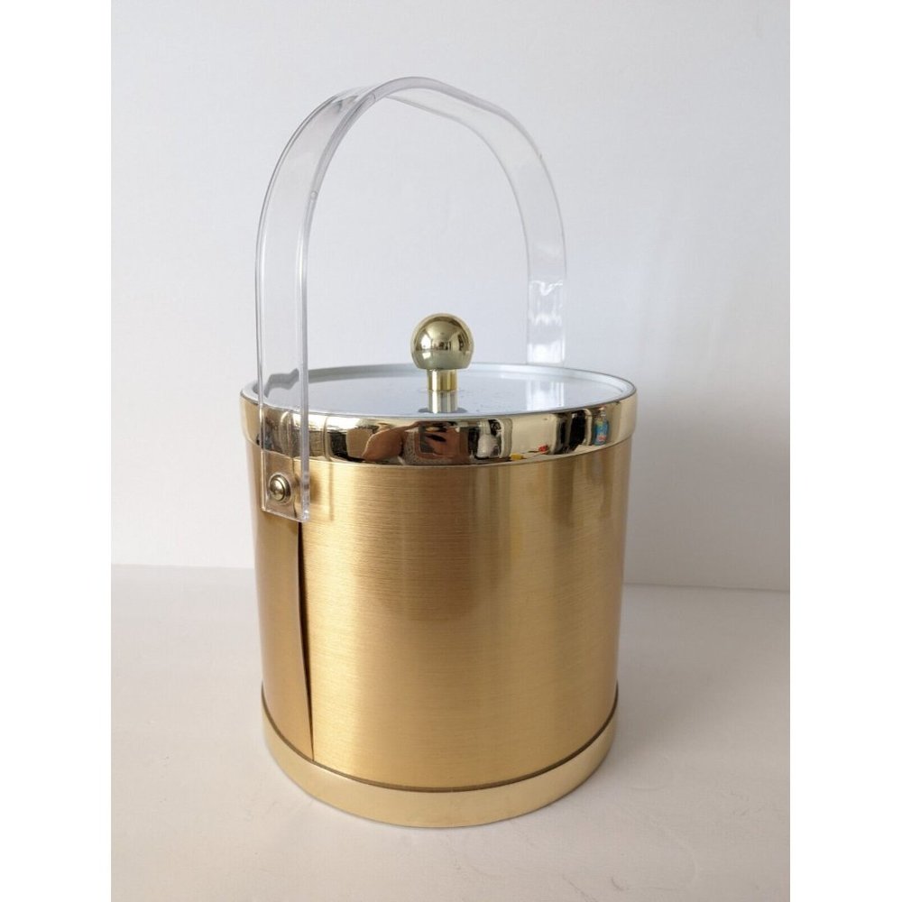 Vintage Ice Bucket Gold Hollywood Regency Acrylic Handle Clear Lid - Picture 3 of 9